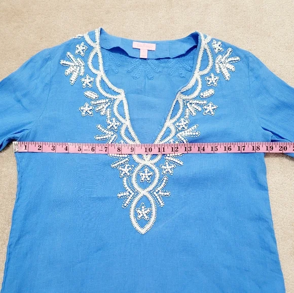 Lilly Pulitzer Linen Tunic Top Blue White Embroidered V-Neck Long Sleeve Size S - Picture 10 of 15